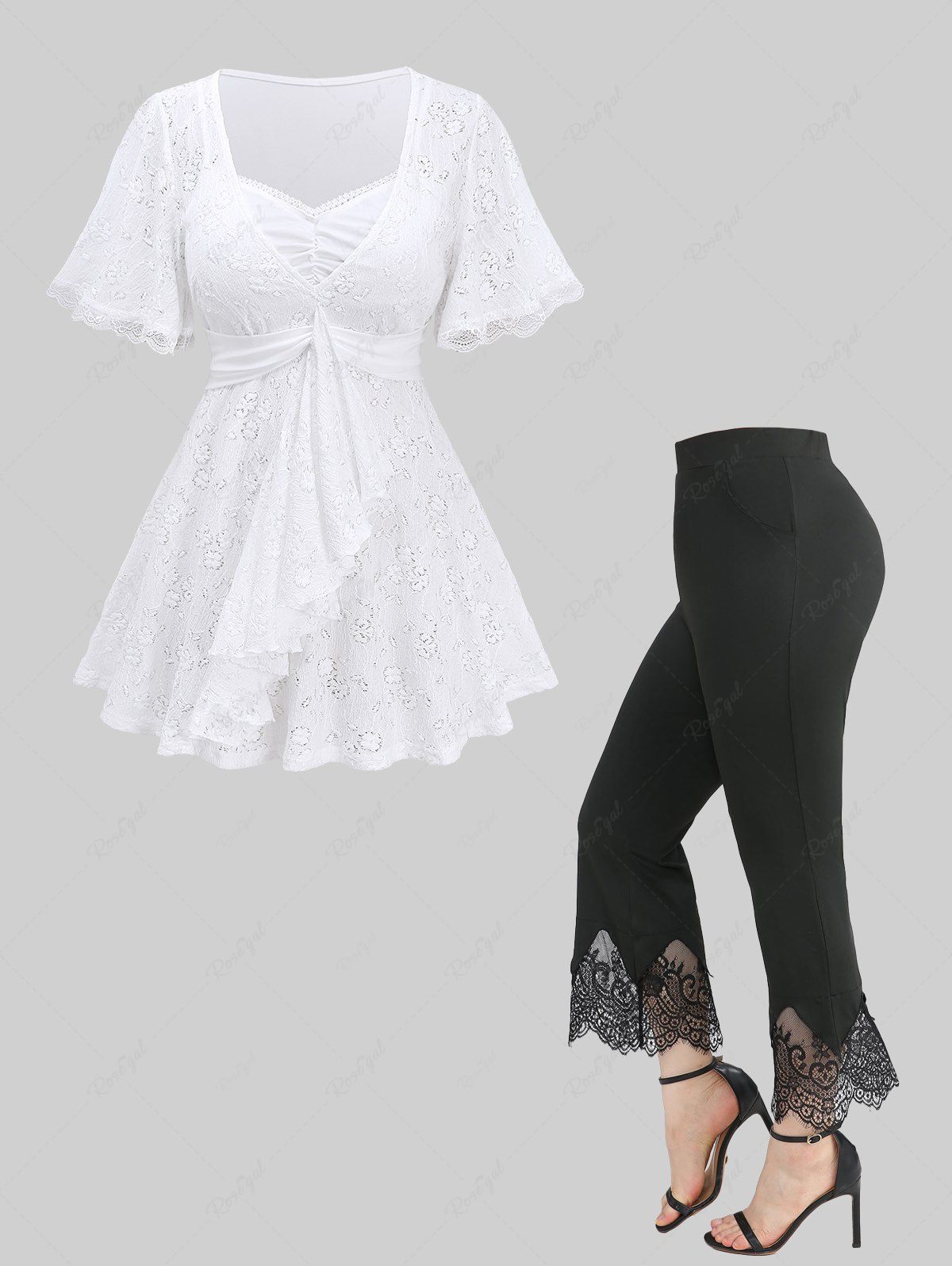 T-shirt Brodé Floral à Glands et Pantalon Evasé de Grande Taille Blanc 