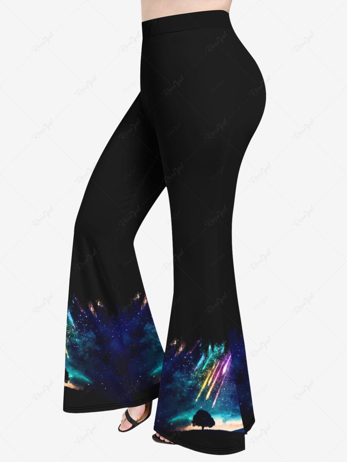 Pantalon Évasé Imprimé Pluie D'arbre Coloré et Galaxie Grande Taille Noir 2X