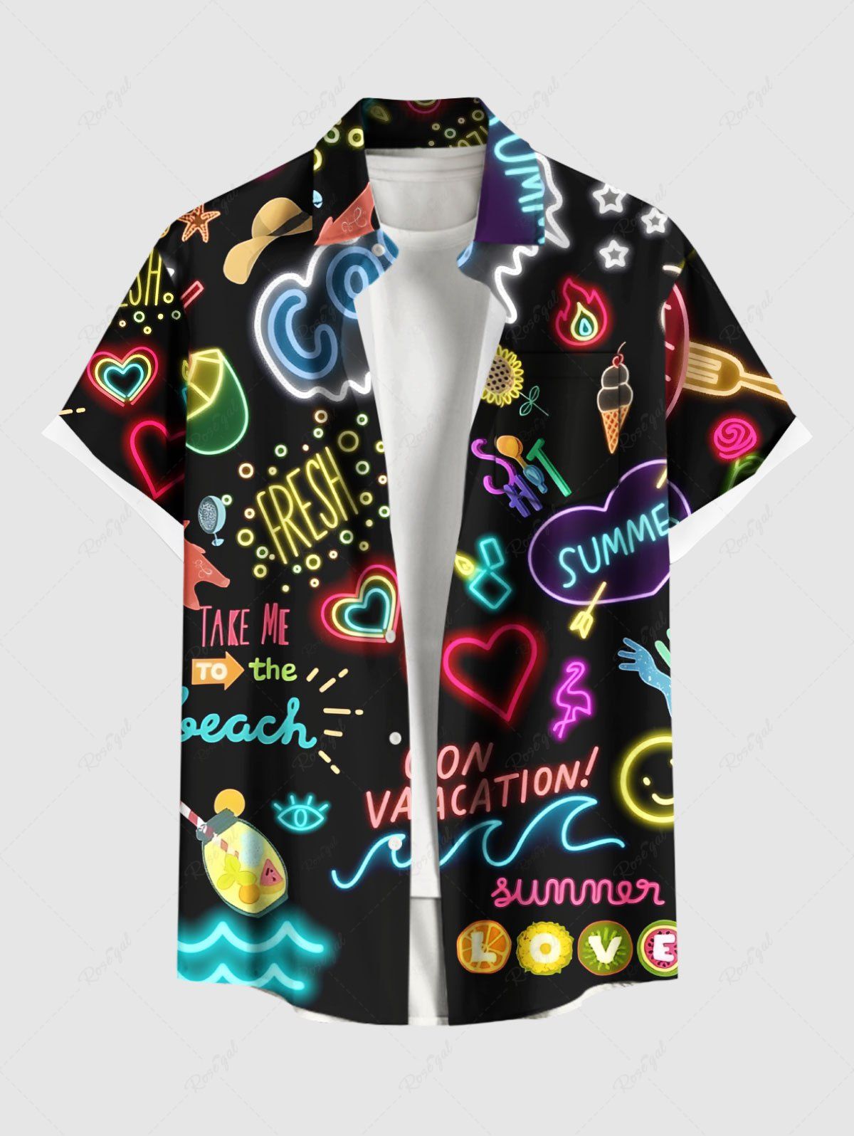Store Plus Size Glitter Colorful Neon Heart Juice Letter Ice Cream Print Hawaii Button Pocket Shirt For Men  