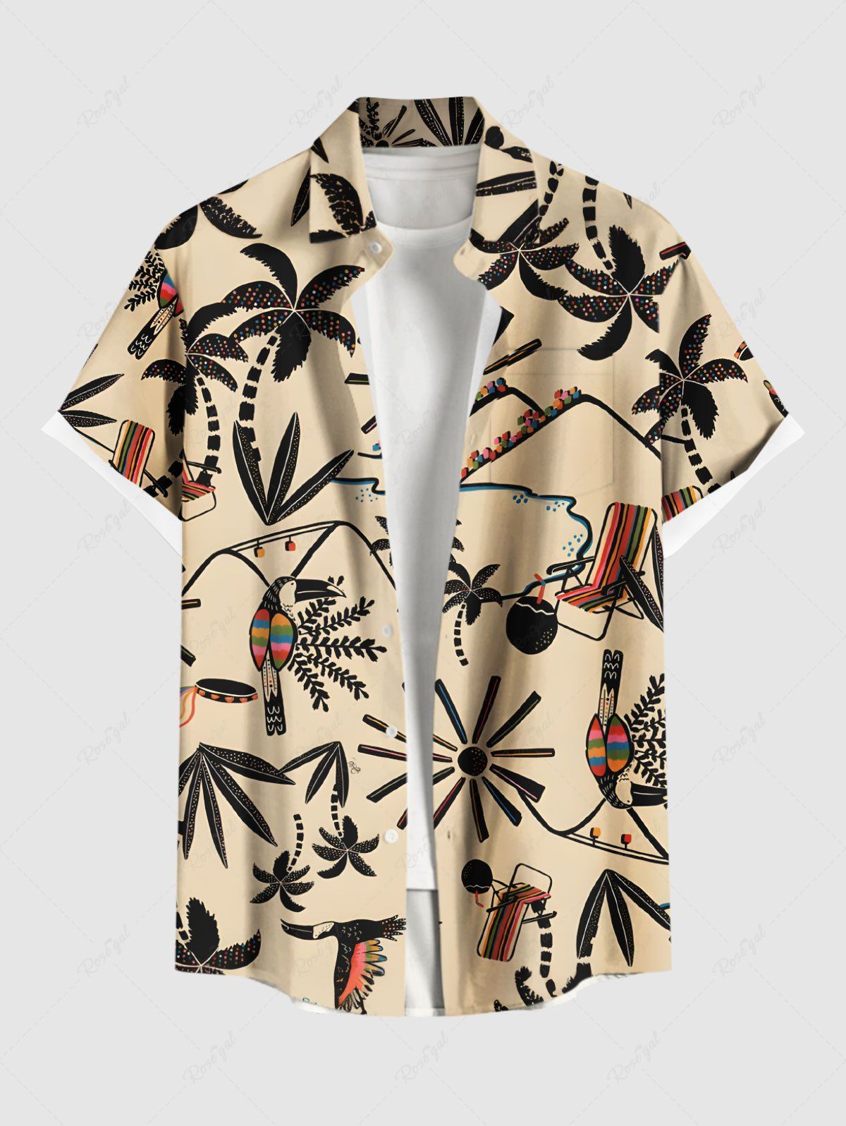 Hot Plus Size Coconut Tree Sun Bird Print Hawaii Button Pocket Shirt For Men  