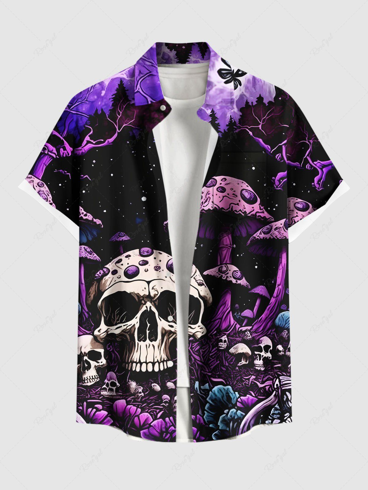 Fancy Plus Size Skull Mushroom Tree Forest Butterfly Galaxy Print Hawaii Button Pocket Shirt For Men  