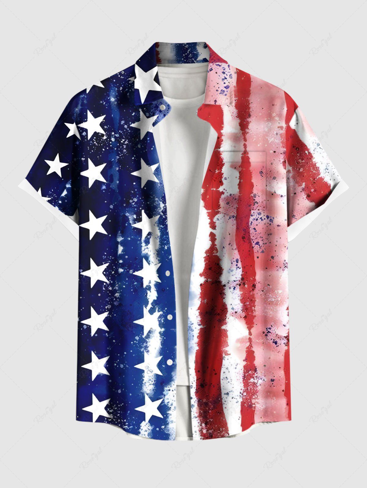 Sale Plus Size Distressed Patriotic American Flag Print Button Pocket Shirt For Men  