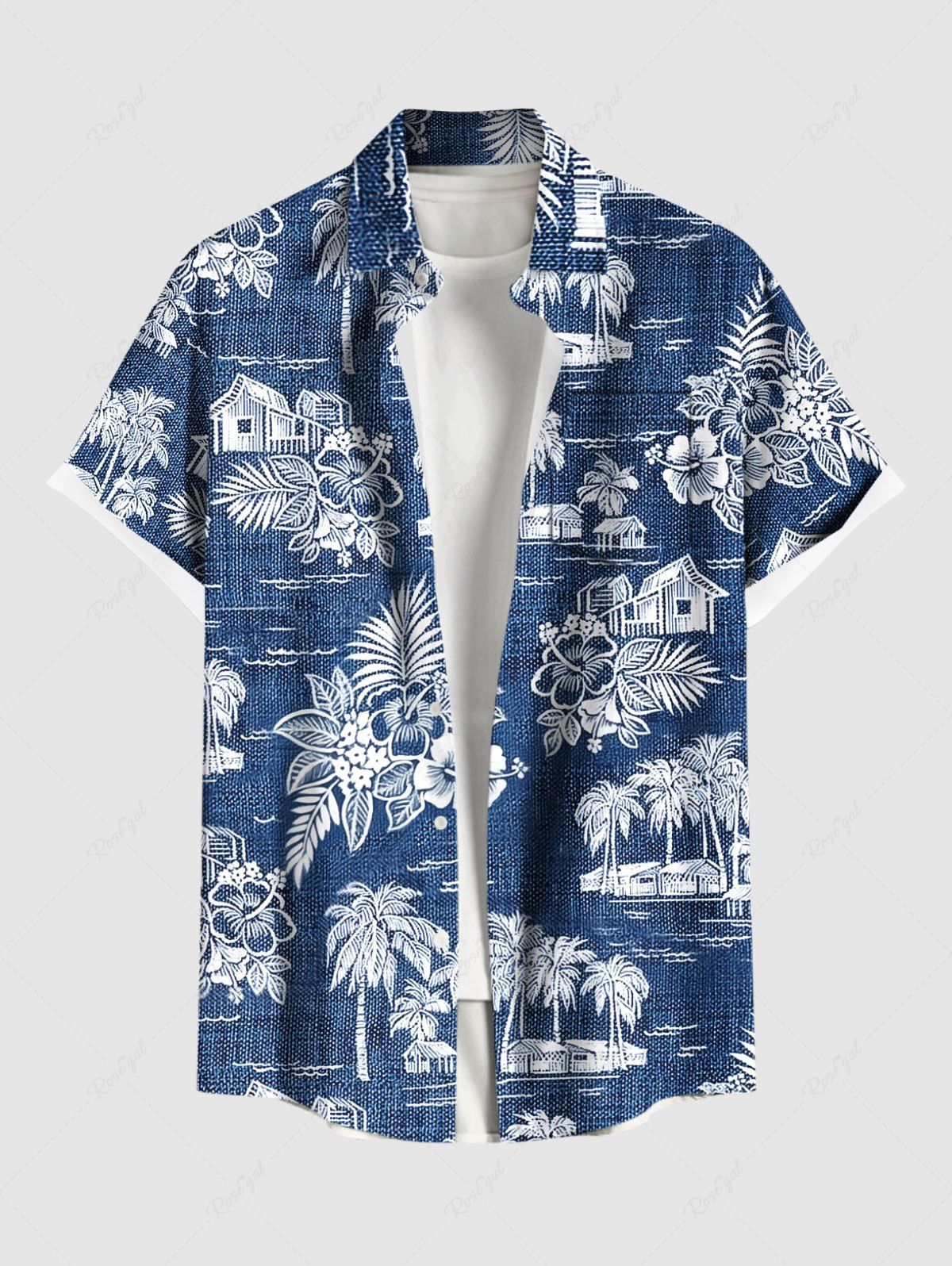 Outfit Plus Size Coconut Tree Tropical Leaves Floral Seascape Lmitation Denim Print Hawaii Button Pocket Shirt For Men  