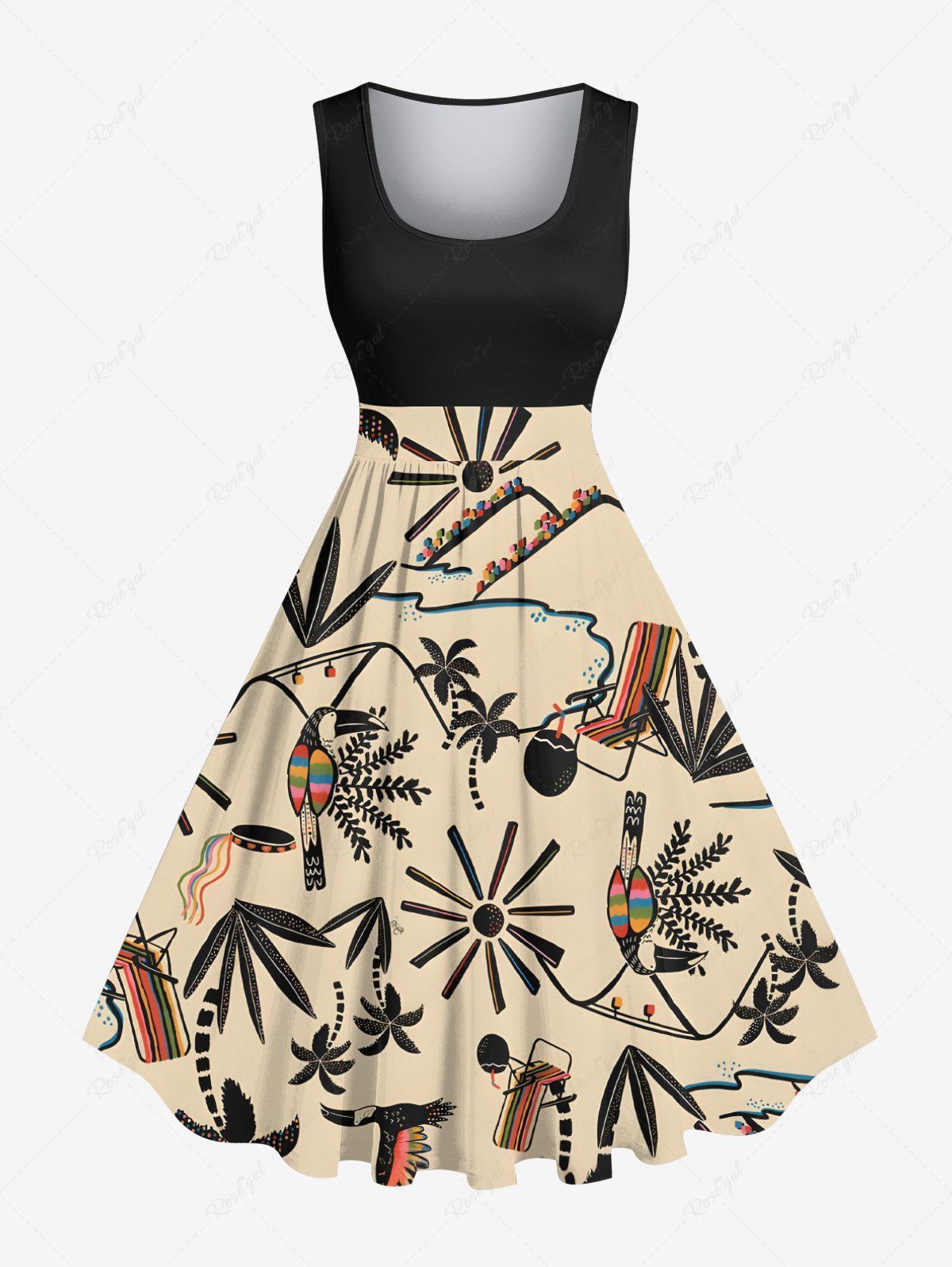 New Plus Size Coconut Tree Sun Bird Print Hawaii 1950s Vintage Swing A Line Dress  