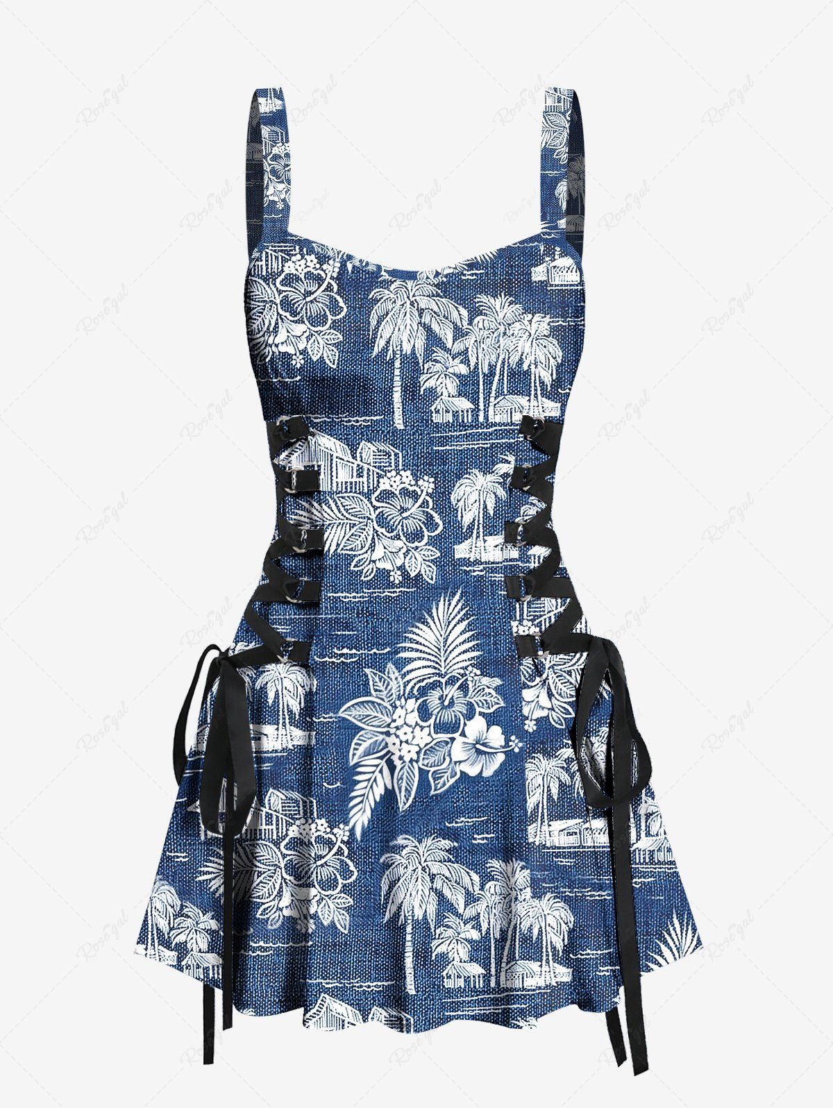 Robe Pin-Up Rétro Ceinturée Feuille Tropicale et Arbre de Noix de Coco Imprimés en Denim Bleu XXXL
