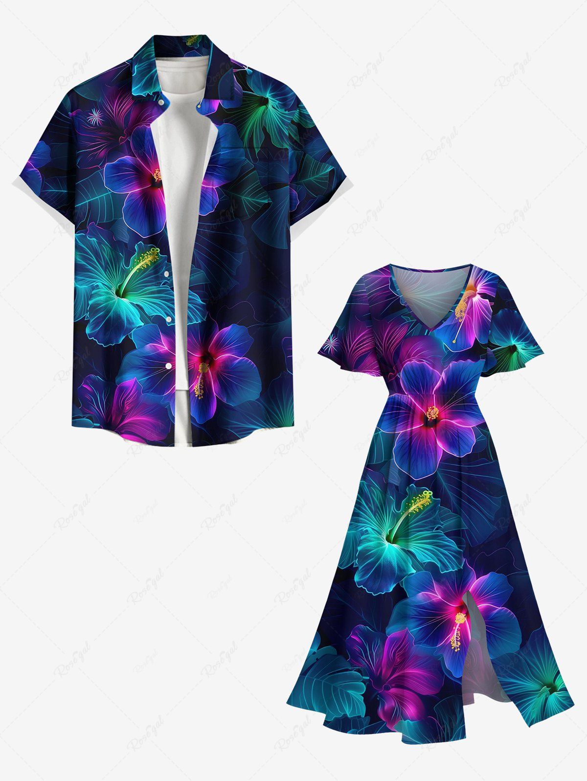 Tenue de plage hawaïenne assortie grande taille à imprimé feuilles tropicales et fleurs ombrées pailletées pour couples Bleu profond 