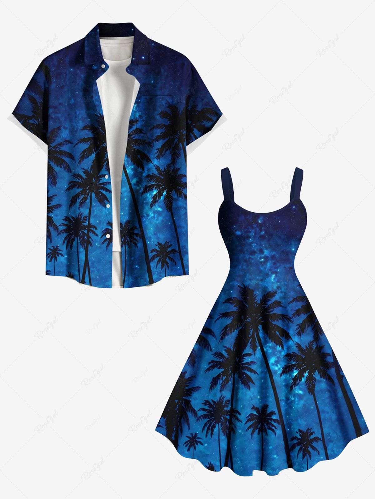 Tenue de Plage Grande Taille Scintillante et Imprimé de Cocotiers Sous la Galaxie Bleu 