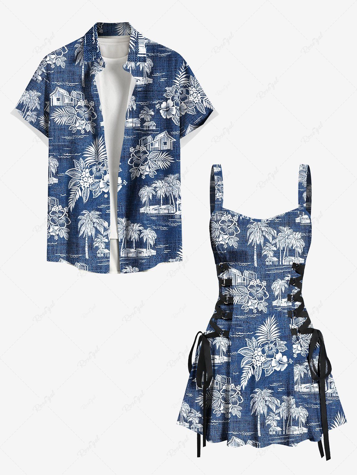 Sac D'Ecole de Plage Feuille Tropicale et Flamant Imprimé en Denim pour Couples Bleu 