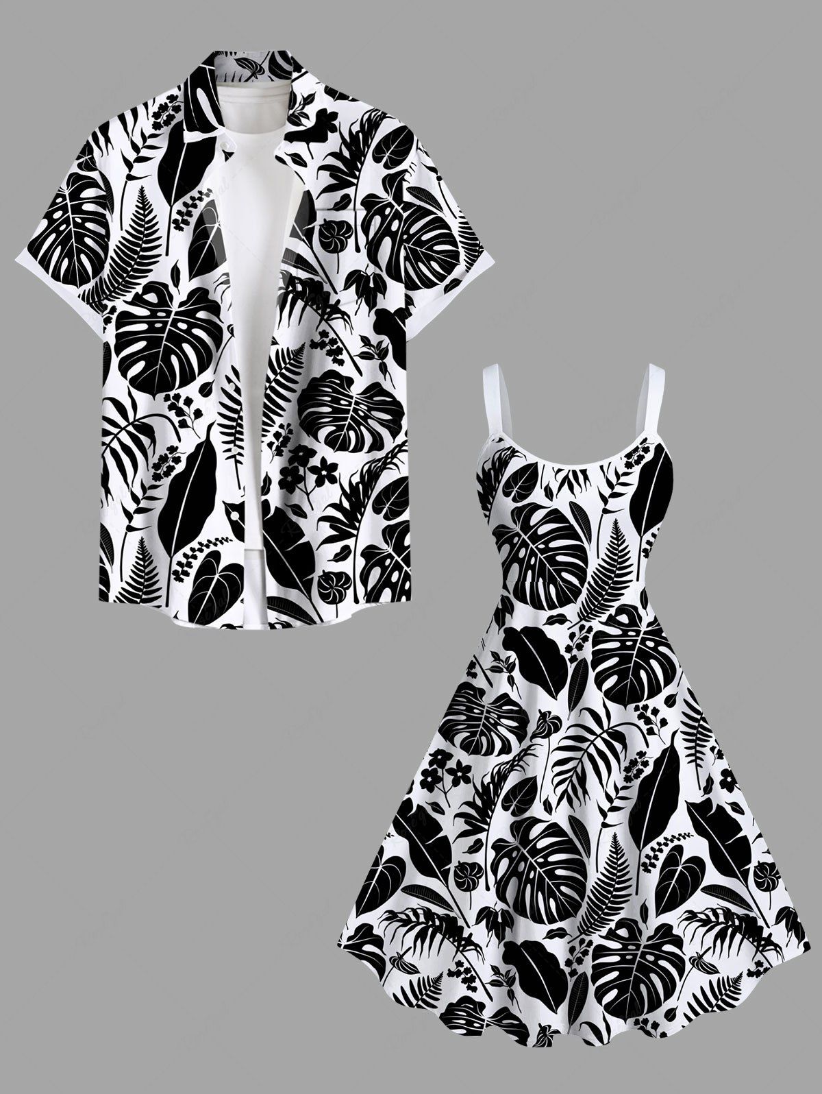 Tenue de plage hawaïenne assortie grande taille à imprimé floral et feuilles tropicales bicolores pour couples Noir 