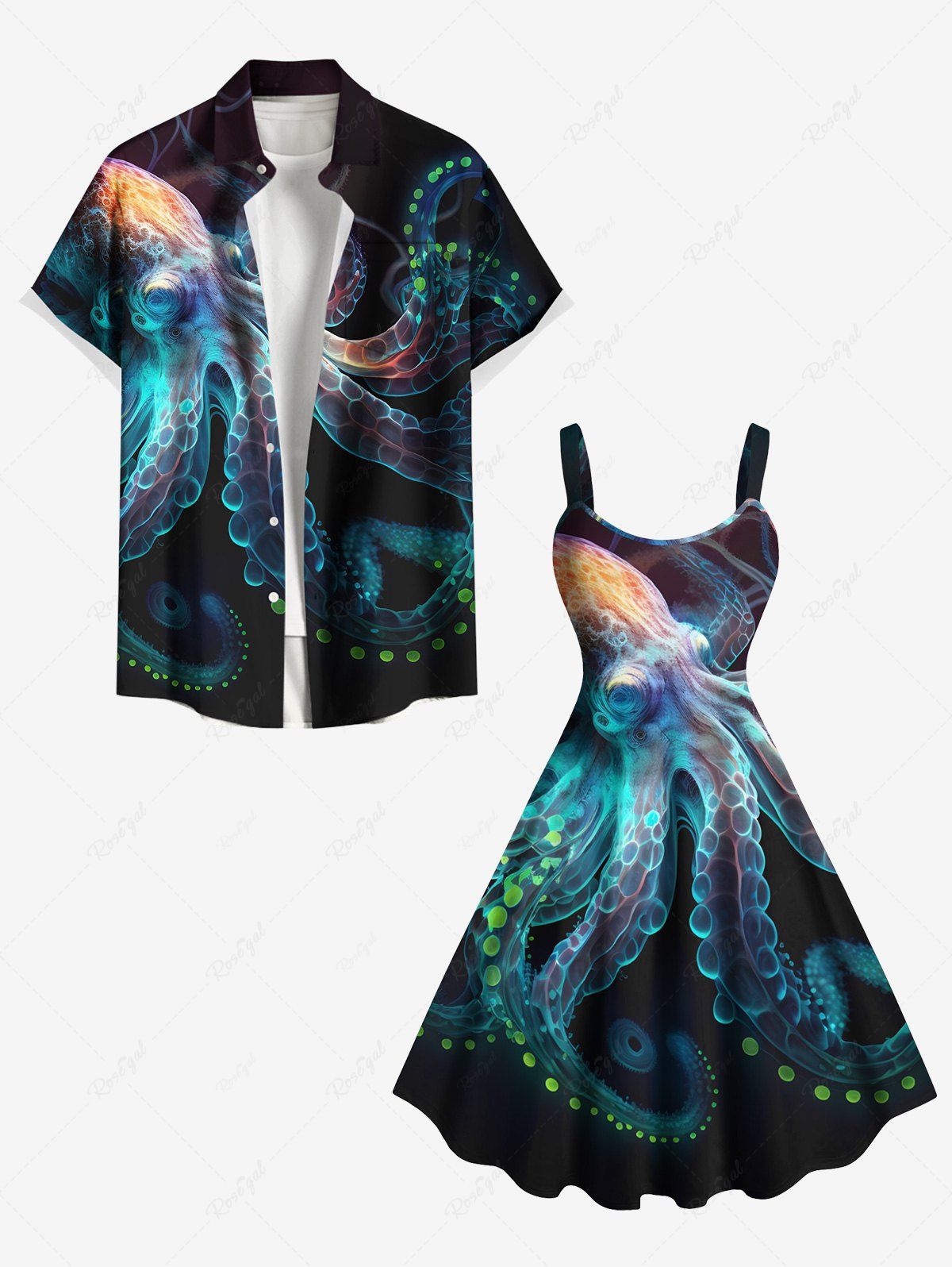 Fashion Colorful Octopus Print Plus Size Matching Beach Outfit For Couples  