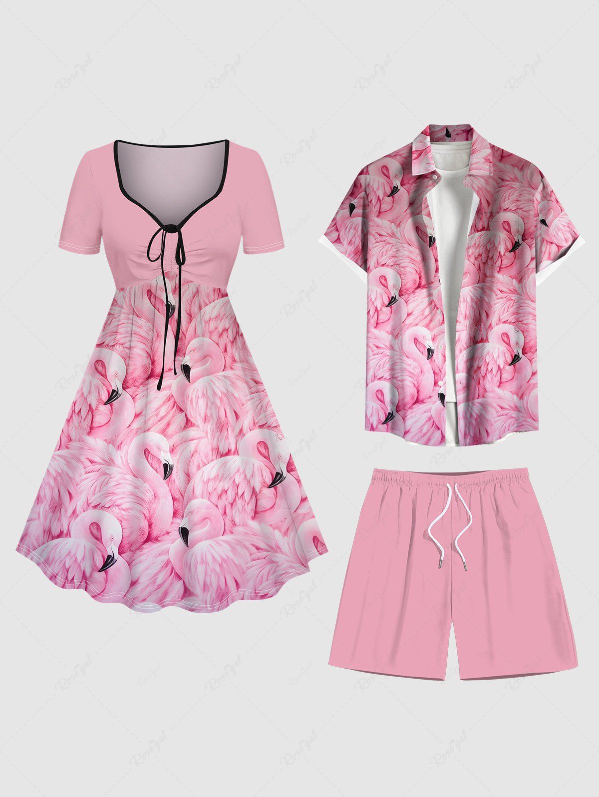 Affordable Flamingo Print Plus Size Matching Hawaii Beach Outfit For Couples  