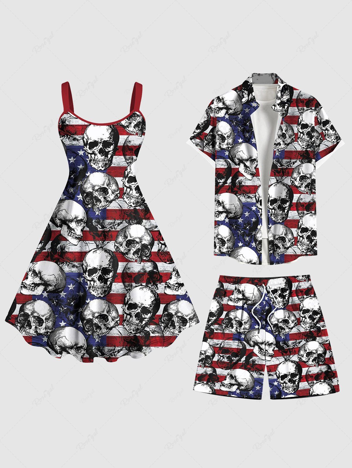 Sale Patriotic American Flag Skulls Print Plus Size Matching Outfit For Couples  