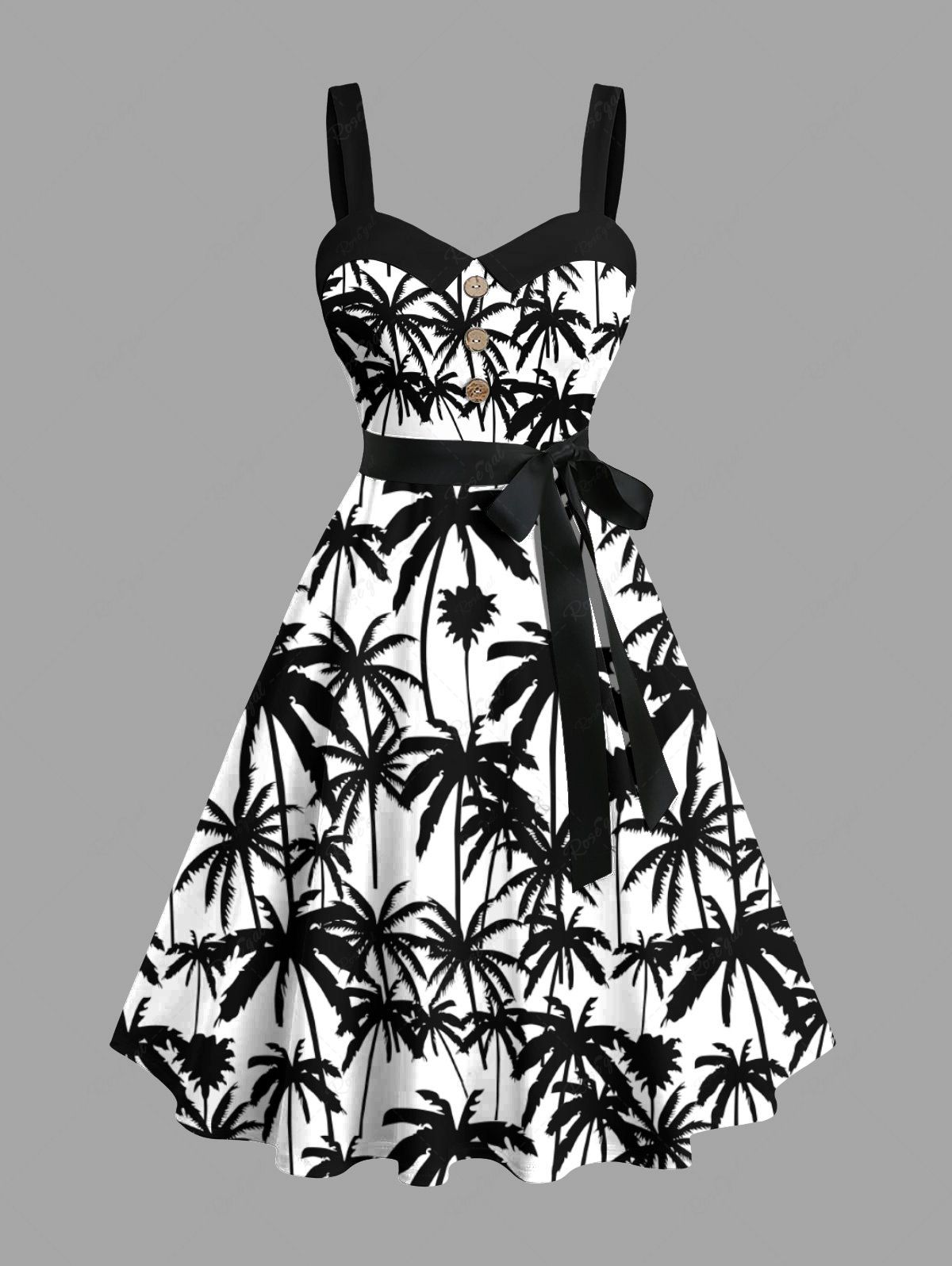 Outfits Plus Size Two Tone Coconut Tree Print Buttons Turn Down Collar Hawaii Dress With Belt  