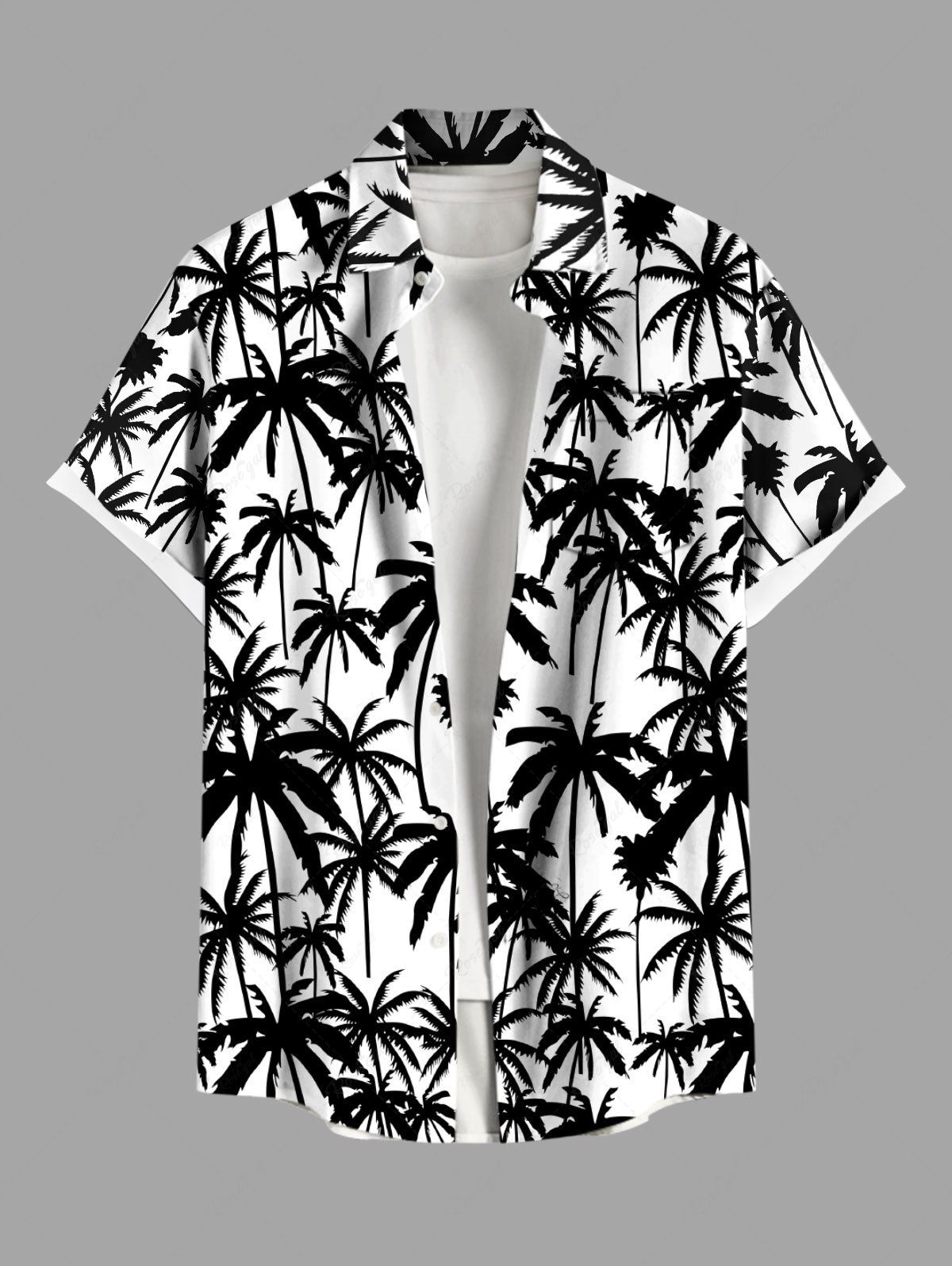 Store Plus Size Two Tone Coconut Tree Print Buttons Pocket Hawaii Shirt For Men  