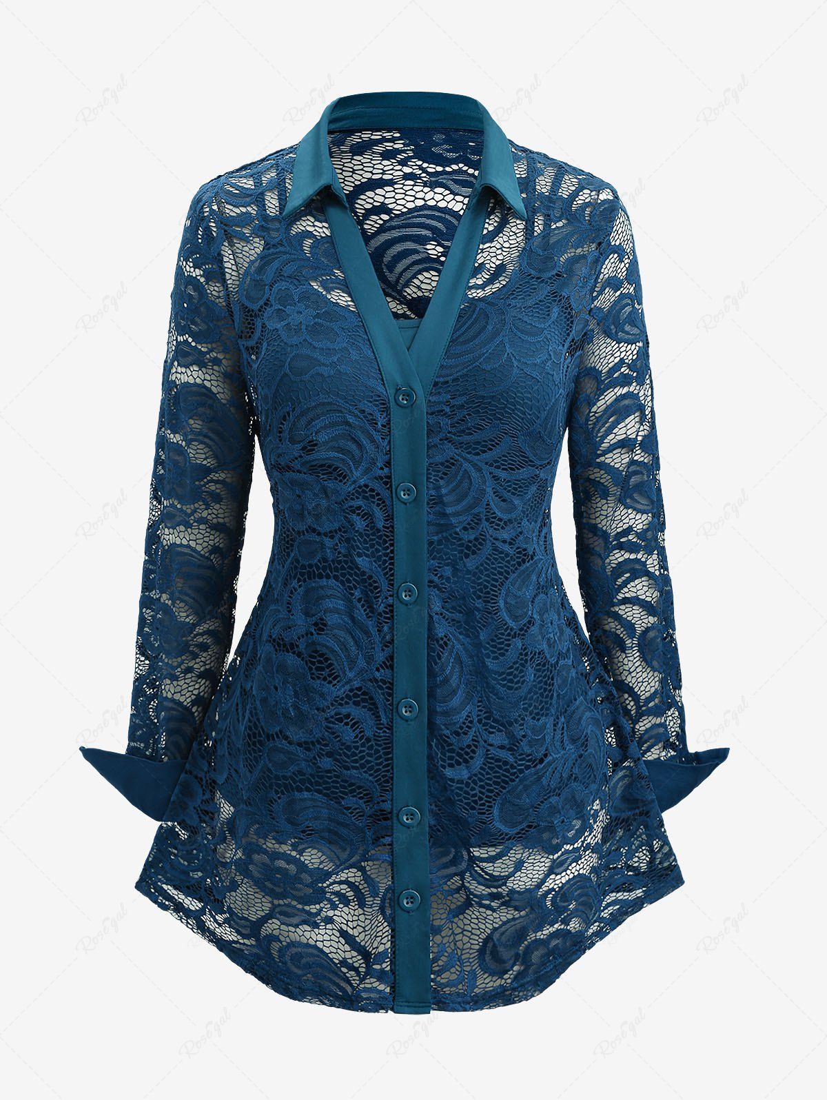 Fancy Plus Size Lace Flower Sheer Blouse and Cami Top Set  