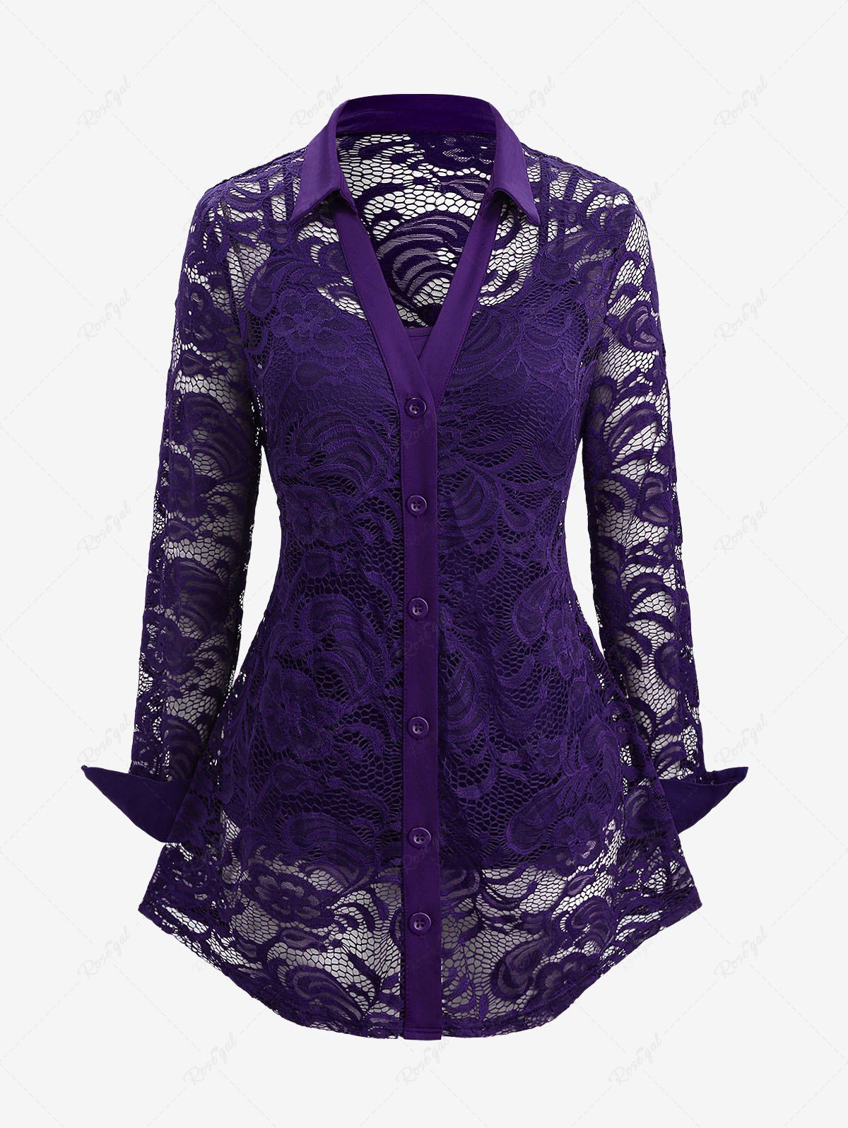 Sale Plus Size Lace Flower Sheer Blouse and Cami Top Set  