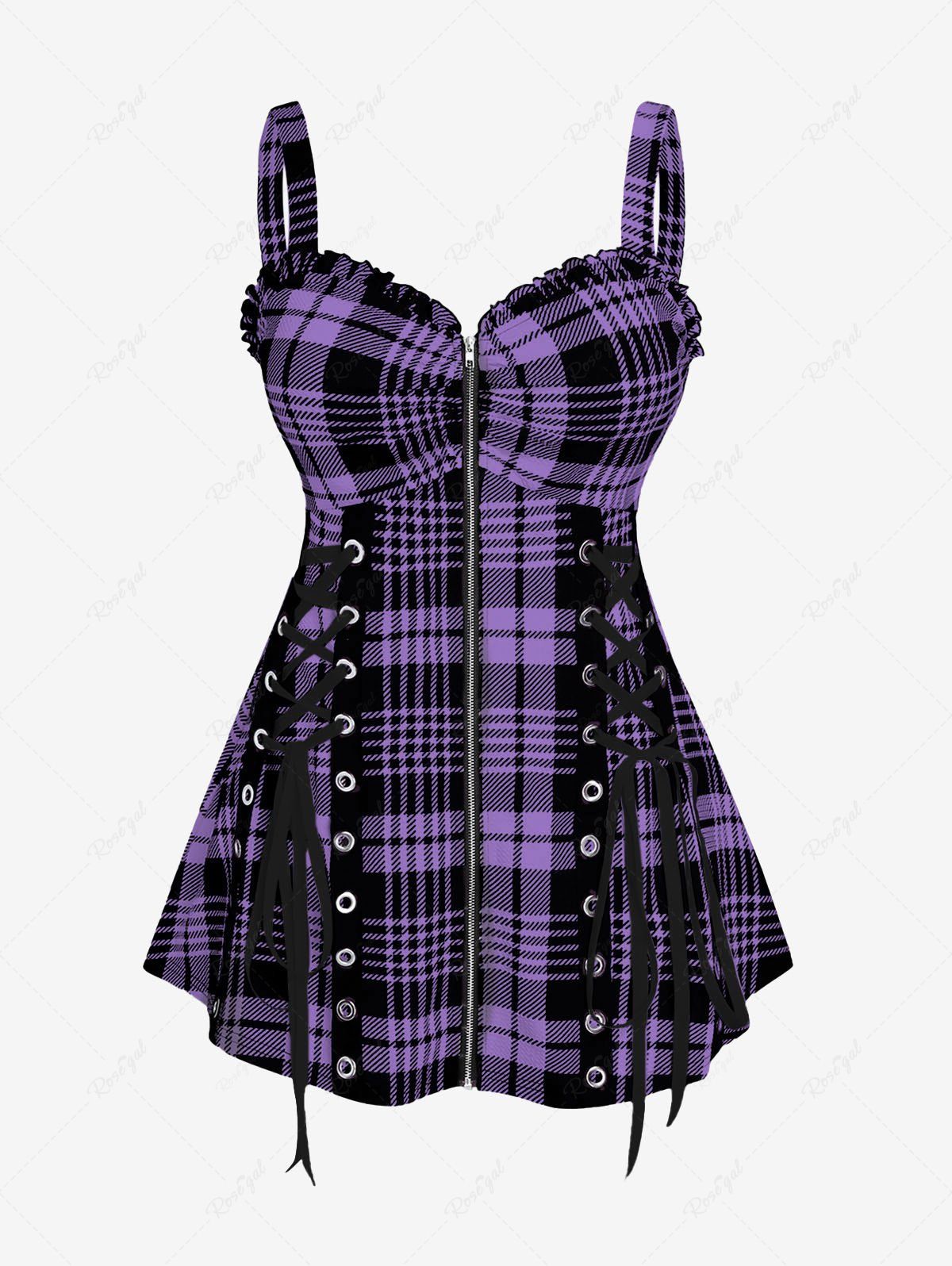 Sale Plus Size & Curve Lace Up Full Zipper Plaid Tank Top  