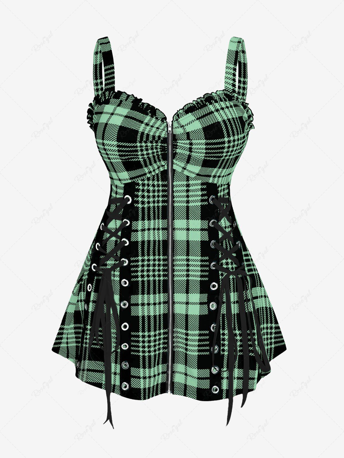 Outfit Plus Size & Curve Lace Up Full Zipper Plaid Tank Top  