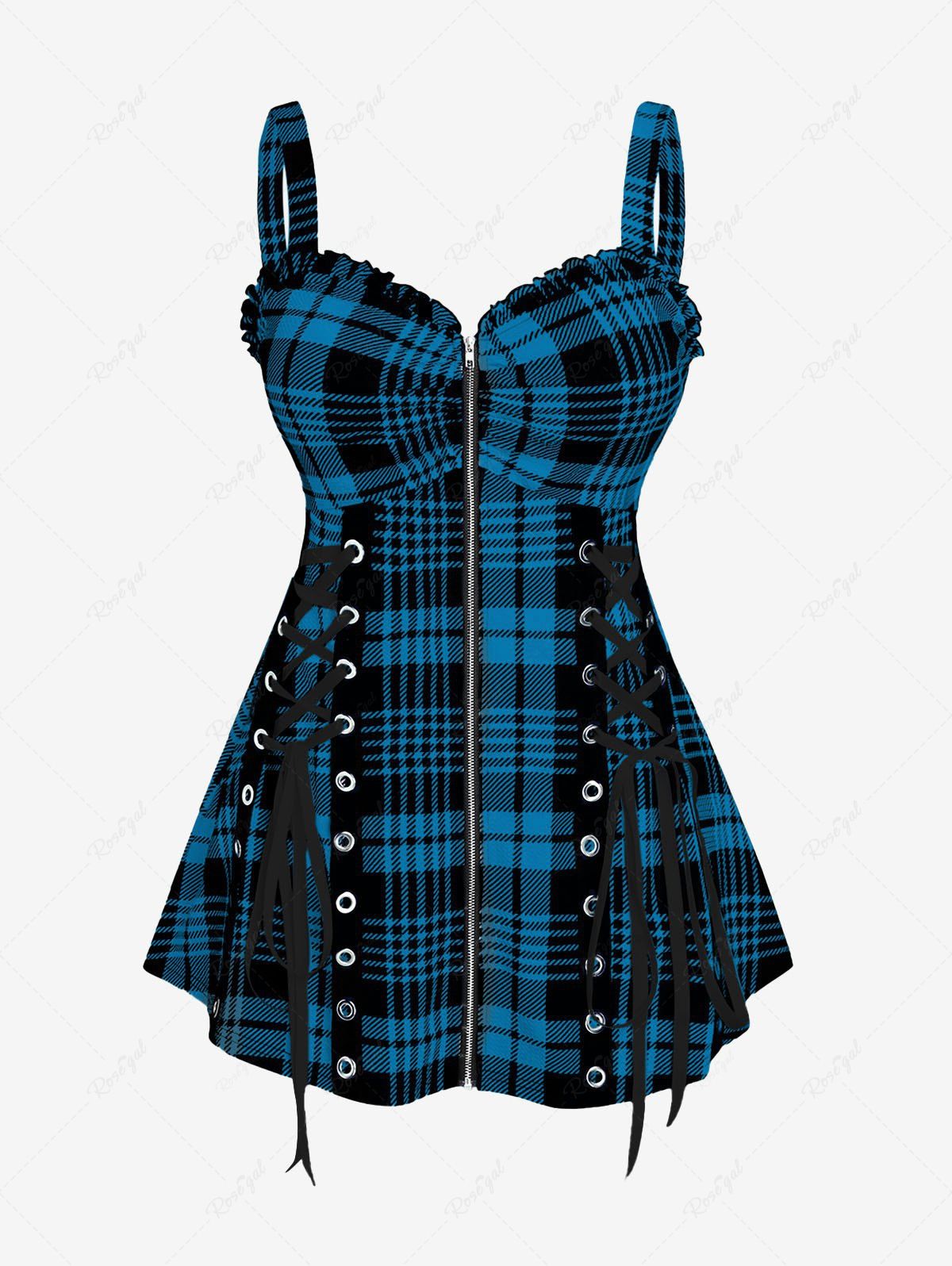 Outfit Plus Size & Curve Lace Up Full Zipper Plaid Tank Top  