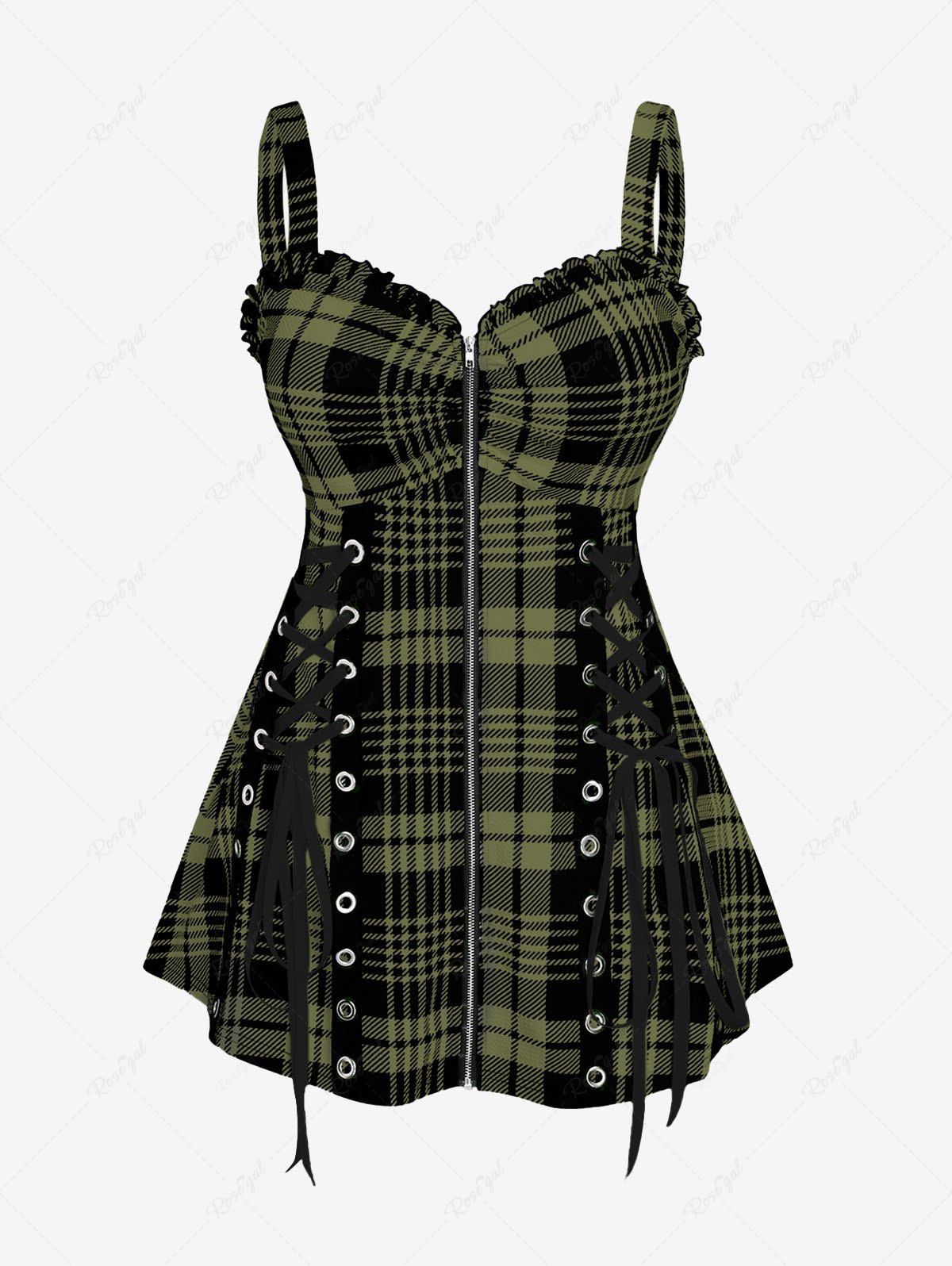 Outfit Plus Size & Curve Lace Up Full Zipper Plaid Tank Top  