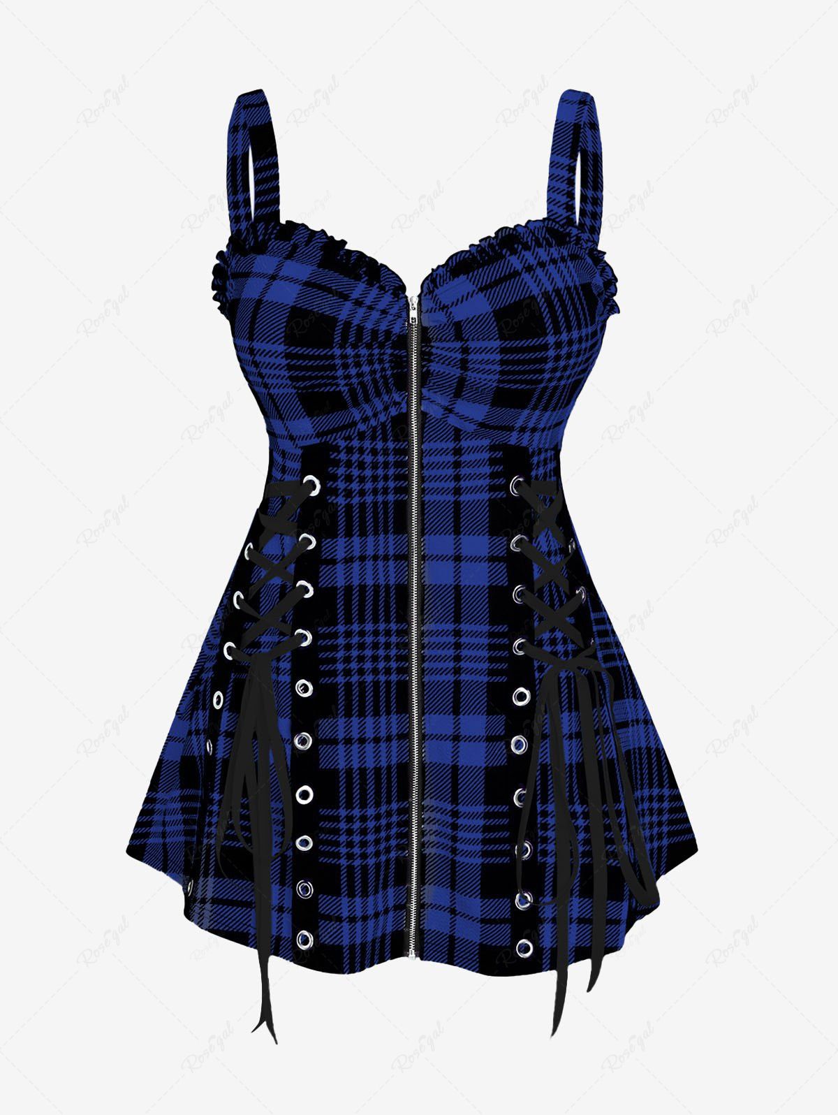Hot Plus Size & Curve Lace Up Full Zipper Plaid Tank Top  