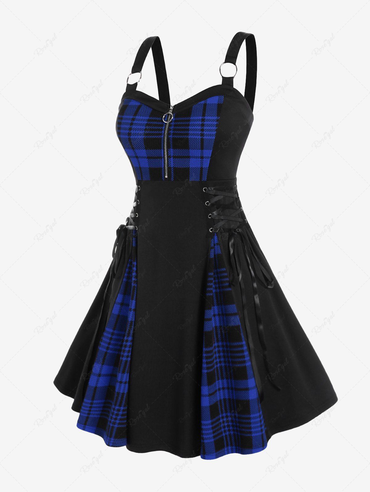Hot Plus Size Plaid Colorblock Print Lace Up Half Zipper Patchwork Fit and Flare Dress  