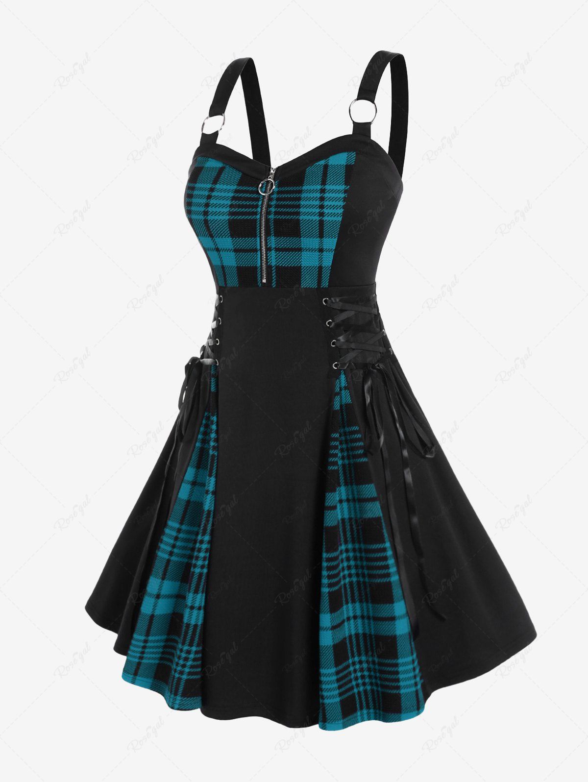 Trendy Plus Size Plaid Colorblock Print Lace Up Half Zipper Patchwork Fit and Flare Dress  