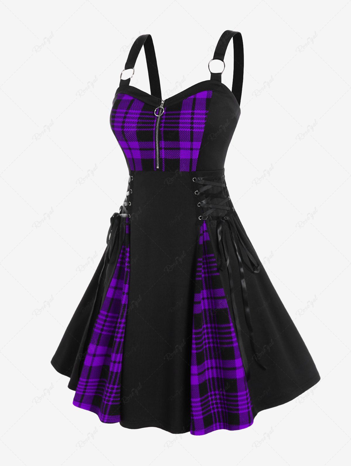 Cheap Gothic Plus Size Plaid Colorblock Print Lace Up Half Zipper Patchwork Fit and Flare Dress  