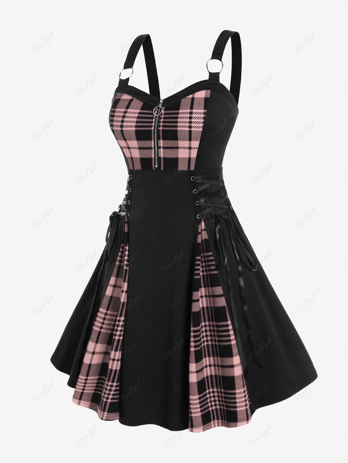 Buy Plus Size Plaid Colorblock Print Lace Up Half Zipper Patchwork Fit and Flare Dress  
