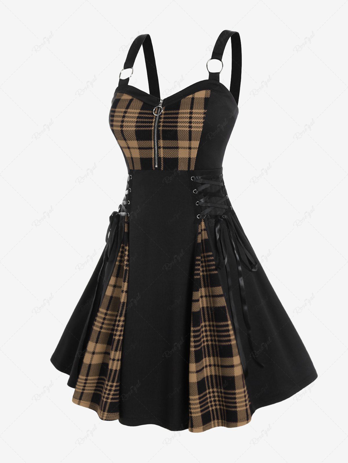 Outfits Plus Size Plaid Colorblock Print Lace Up Half Zipper Patchwork Fit and Flare Dress  