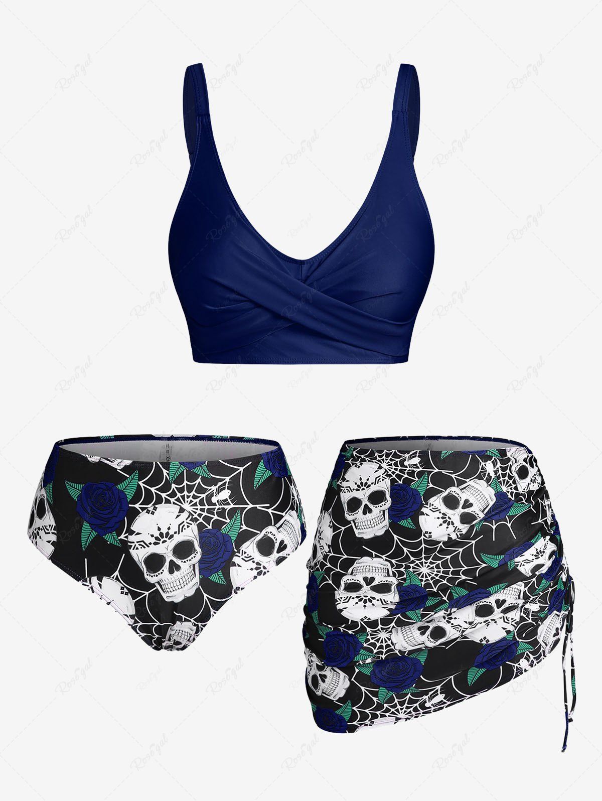 Cheap Plus Size & Curve Skull Rose Print Crossover Three Piece Bikini Swimsuit  