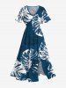 Tenue de plage hawaïenne assortie grande taille à imprimé feuilles tropicales pour couples - Bleu 