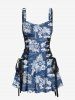 Sac D'Ecole de Plage Feuille Tropicale et Flamant Imprimé en Denim pour Couples - Bleu 