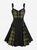 Gothic Plus Size Plaid Colorblock Print Lace Up Half Zipper Patchwork Fit and Flare Dress -  