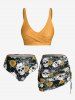 Maillot de Bain Bikini Croisé Rose et Crâne Imprimés de Grande Taille Trois Pièces - Jaune 3X