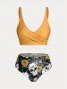 Maillot de Bain Bikini Croisé Rose et Crâne Imprimés de Grande Taille Trois Pièces - Jaune 3X