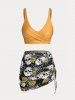 Maillot de Bain Bikini Croisé Rose et Crâne Imprimés de Grande Taille Trois Pièces - Jaune 3X