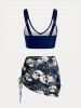 Maillot de Bain Bikini Croisé Rose et Crâne Imprimés de Grande Taille Trois Pièces - Bleu profond 3X