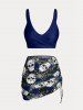 Maillot de Bain Bikini Croisé Rose et Crâne Imprimés de Grande Taille Trois Pièces - Bleu profond 3X