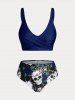 Maillot de Bain Bikini Croisé Rose et Crâne Imprimés de Grande Taille Trois Pièces - Bleu profond 3X