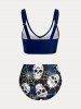 Maillot de Bain Bikini Croisé Rose et Crâne Imprimés de Grande Taille Trois Pièces - Bleu profond 3X