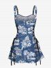 Robe Pin-Up Rétro Ceinturée Feuille Tropicale et Arbre de Noix de Coco Imprimés en Denim - Bleu XXXL