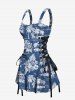 Robe Pin-Up Rétro Ceinturée Feuille Tropicale et Arbre de Noix de Coco Imprimés en Denim - Bleu XXXL