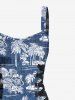 Robe Pin-Up Rétro Ceinturée Feuille Tropicale et Arbre de Noix de Coco Imprimés en Denim - Bleu XXXL