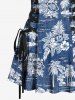 Robe Pin-Up Rétro Ceinturée Feuille Tropicale et Arbre de Noix de Coco Imprimés en Denim - Bleu XXXL