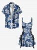 Robe Pin-Up Rétro Ceinturée Feuille Tropicale et Arbre de Noix de Coco Imprimés en Denim - Bleu XXXL