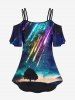 Plus Size Colorful Glitter Meteor Shower Ombre Galaxy Tree Print Hawaii Cold Shoulder Cami T-shirt -  