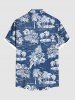 Plus Size Coconut Tree Tropical Leaves Floral Seascape Lmitation Denim Print Hawaii Button Pocket Shirt For Men -  