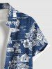 Plus Size Coconut Tree Tropical Leaves Floral Seascape Lmitation Denim Print Hawaii Button Pocket Shirt For Men -  