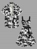Plus Size Two Tone Coconut Tree Print Buttons Turn Down Collar Hawaii Dress With Belt -  